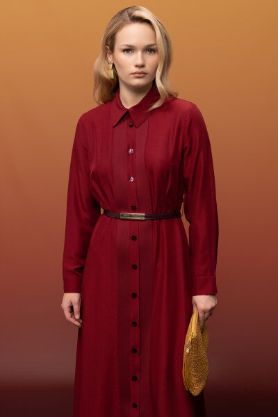 Erkek Yaka İpek Keten Uzun Elbise Cherry - 2