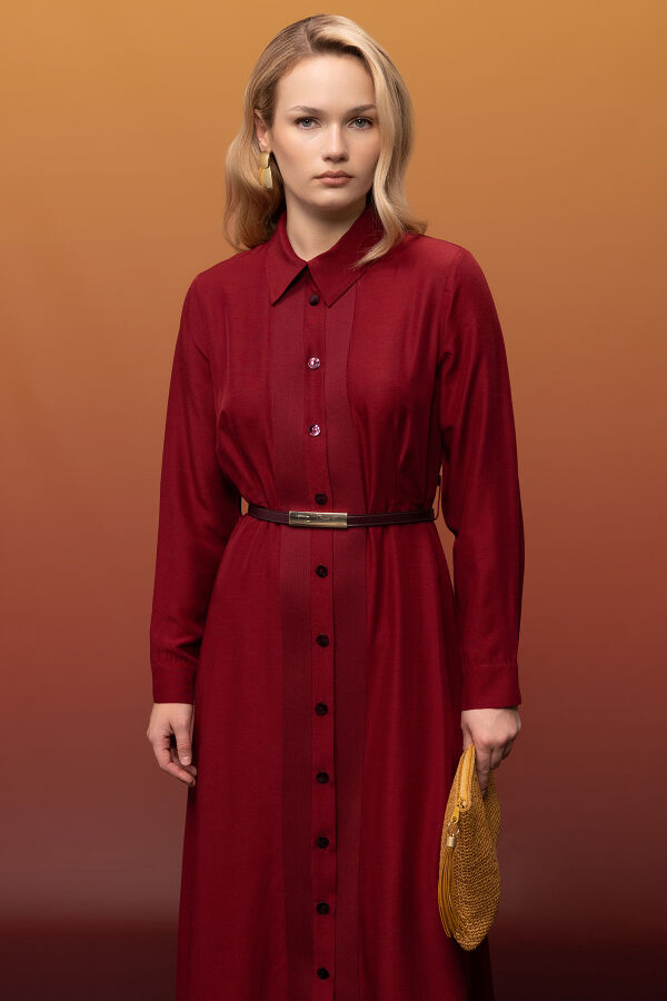 Erkek Yaka İpek Keten Uzun Elbise Cherry - 2