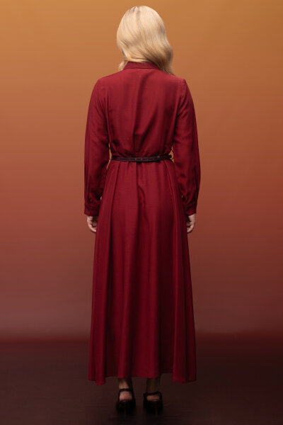 Erkek Yaka İpek Keten Uzun Elbise Cherry - 3