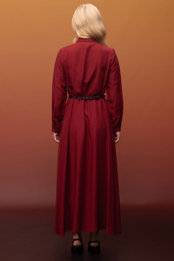 Erkek Yaka İpek Keten Uzun Elbise Cherry - 3