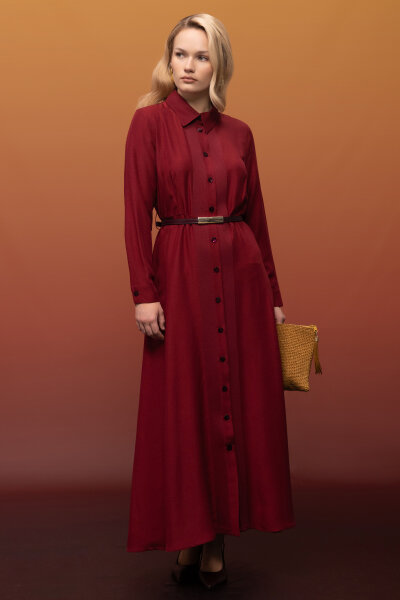 Erkek Yaka İpek Keten Uzun Elbise Cherry - 4