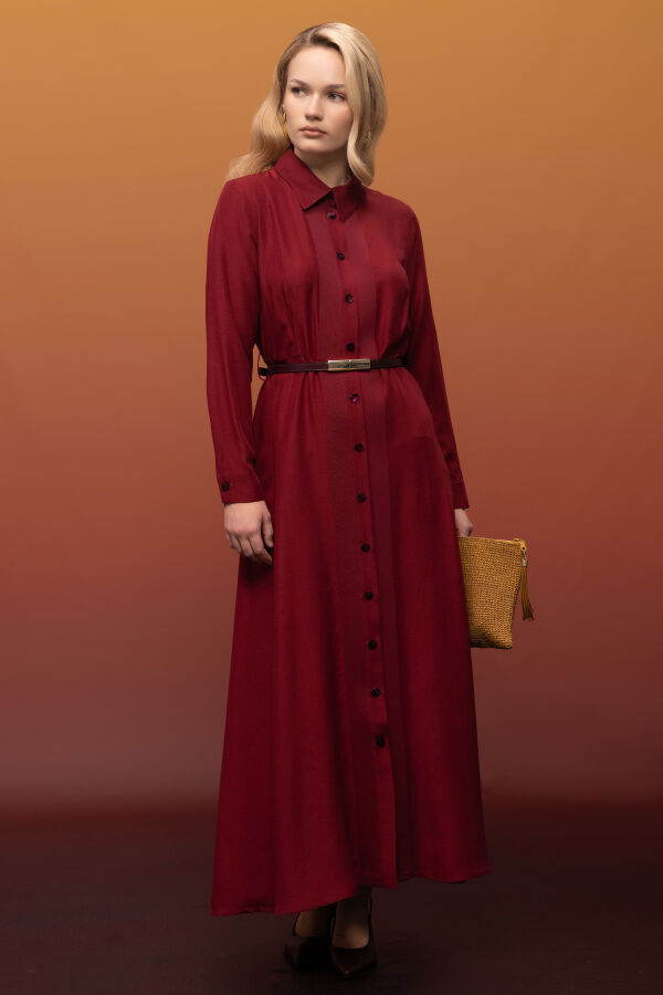 Erkek Yaka İpek Keten Uzun Elbise Cherry - 4