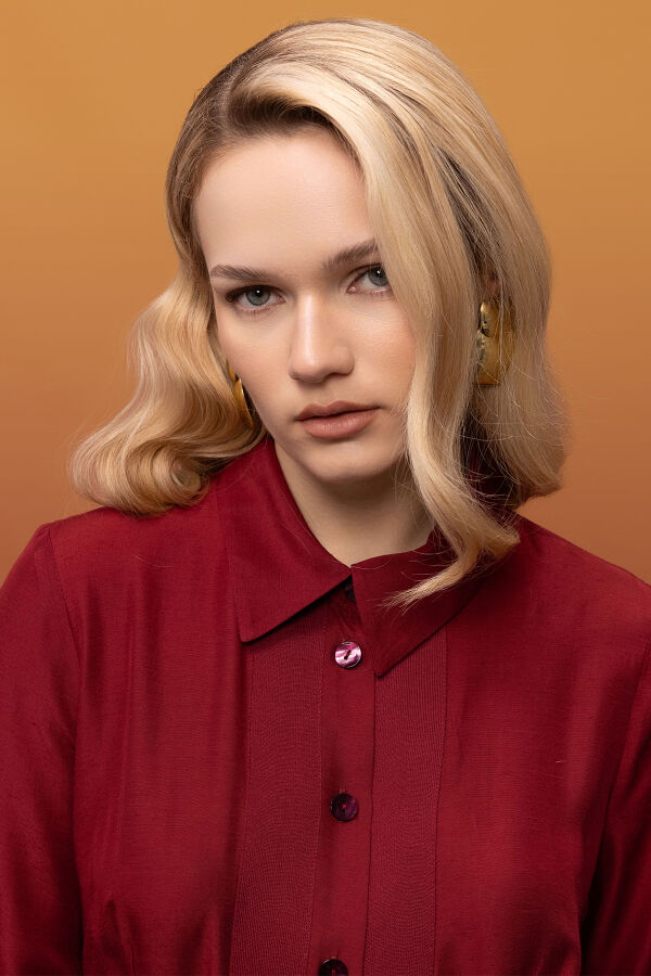 Erkek Yaka İpek Keten Uzun Elbise Cherry - 5