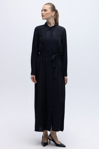 Erkek Yaka İpek Keten Uzun Elbise Lacivert - 1