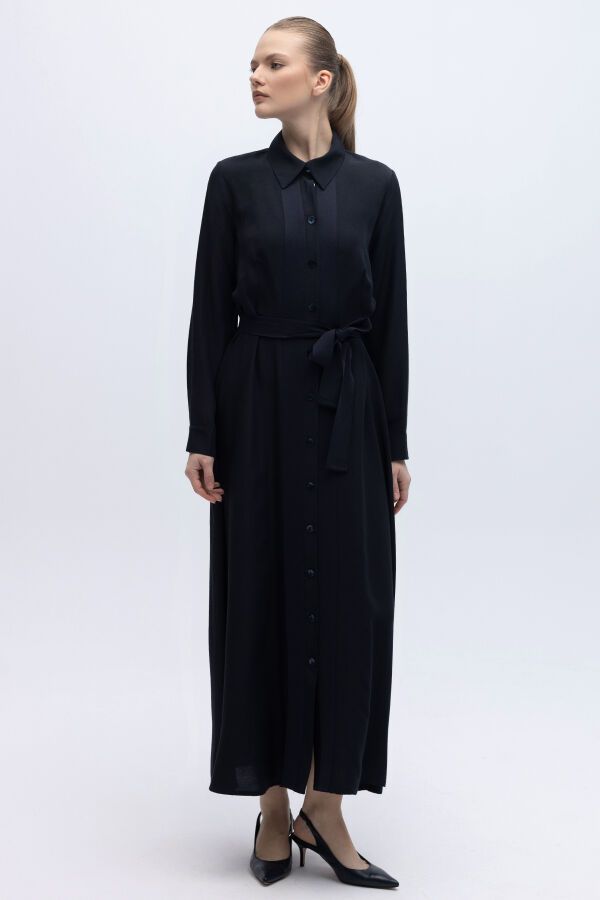 Erkek Yaka İpek Keten Uzun Elbise Lacivert - 1