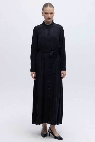 Erkek Yaka İpek Keten Uzun Elbise Lacivert - 2