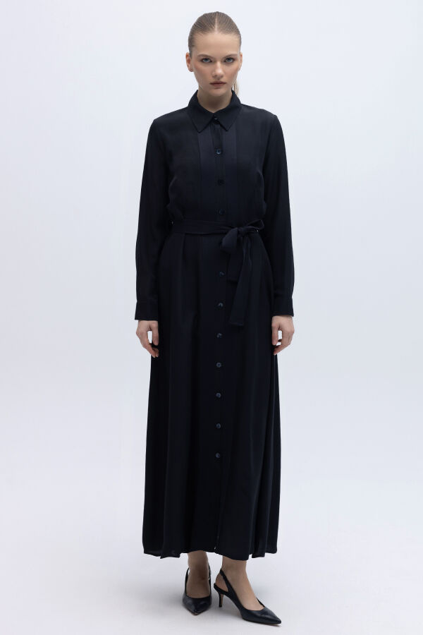 Erkek Yaka İpek Keten Uzun Elbise Lacivert - 2