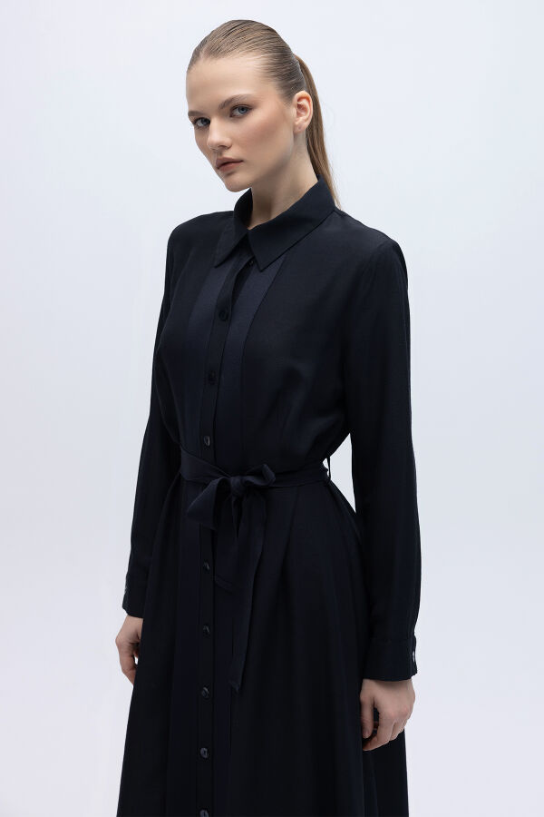 Erkek Yaka İpek Keten Uzun Elbise Lacivert - 3