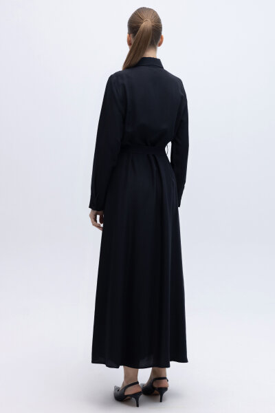 Erkek Yaka İpek Keten Uzun Elbise Lacivert - 4