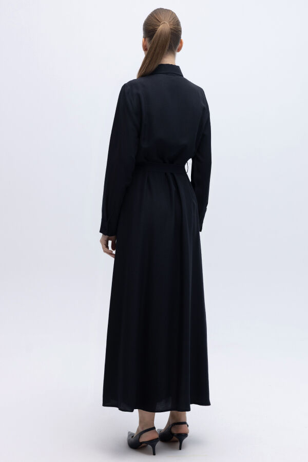 Erkek Yaka İpek Keten Uzun Elbise Lacivert - 4