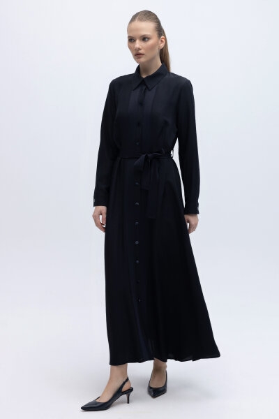 Erkek Yaka İpek Keten Uzun Elbise Lacivert - 5