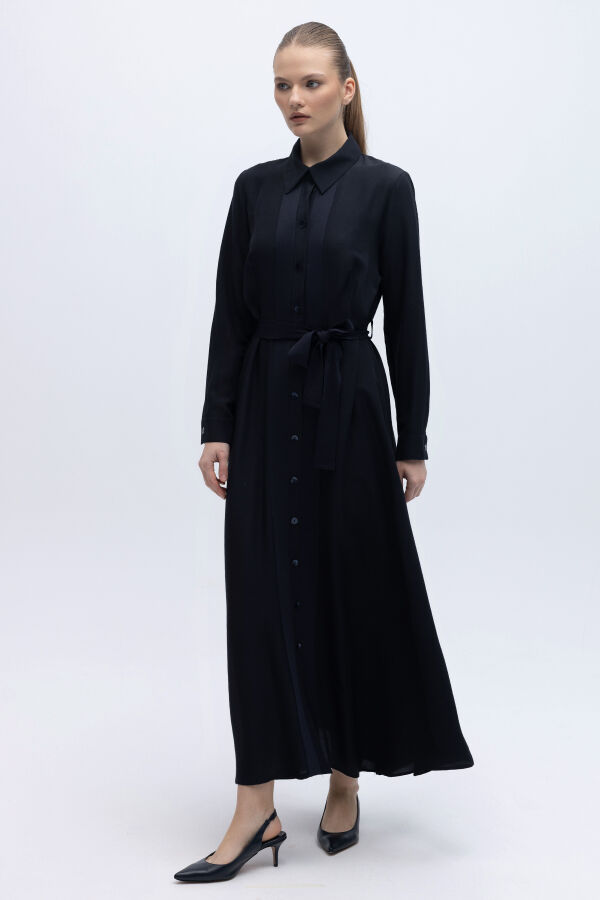 Erkek Yaka İpek Keten Uzun Elbise Lacivert - 5