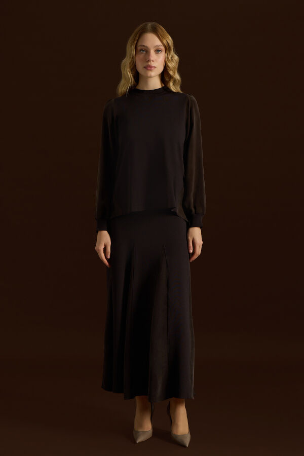 Evaze Kesim Bileği Lastikli Tunik Kahverengi - 1