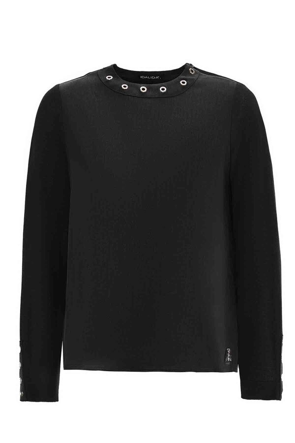 Eyelet Detailed Plain Black Tunic - 1