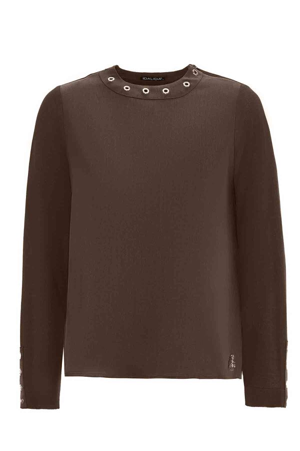 Eyelet Detailed Plain Brown Tunic - 1
