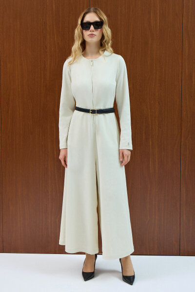 Fermuar Detaylı Denim Tulum Elbise Ekru - 1