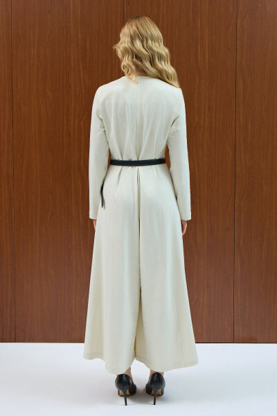 Fermuar Detaylı Denim Tulum Elbise Ekru - 4