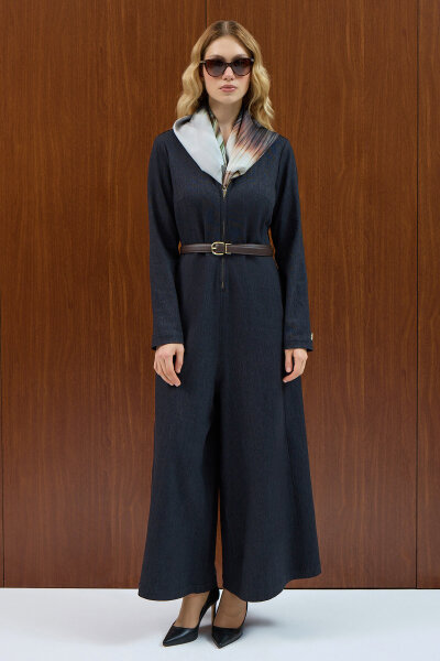 Fermuar Detaylı Denim Tulum Elbise Siyah - MISS DALIDA