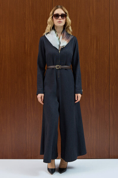 Fermuar Detaylı Denim Tulum Elbise Siyah - 3