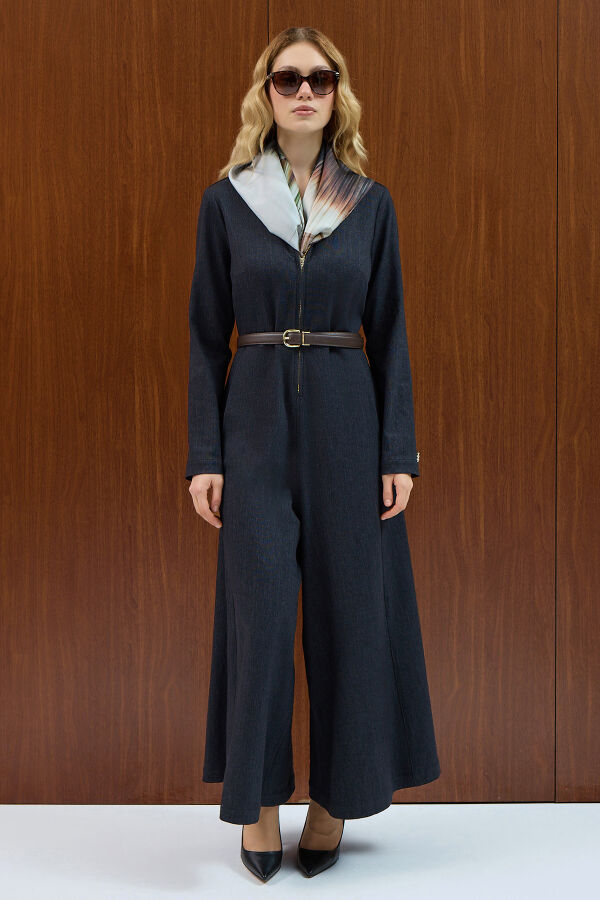 Fermuar Detaylı Denim Tulum Elbise Siyah - 3