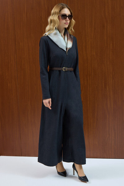 Fermuar Detaylı Denim Tulum Elbise Siyah - 4