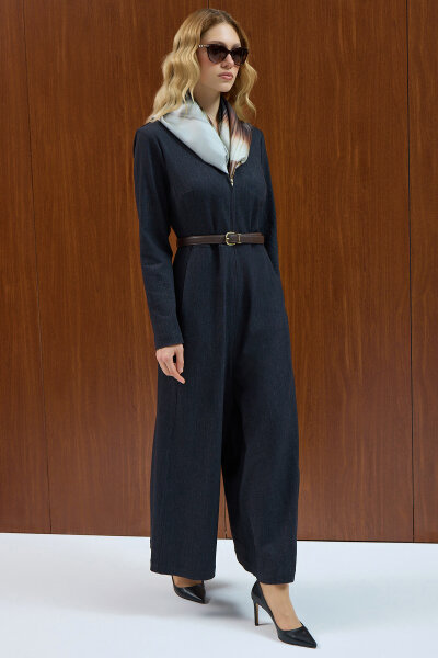 Fermuar Detaylı Denim Tulum Elbise Siyah - 5
