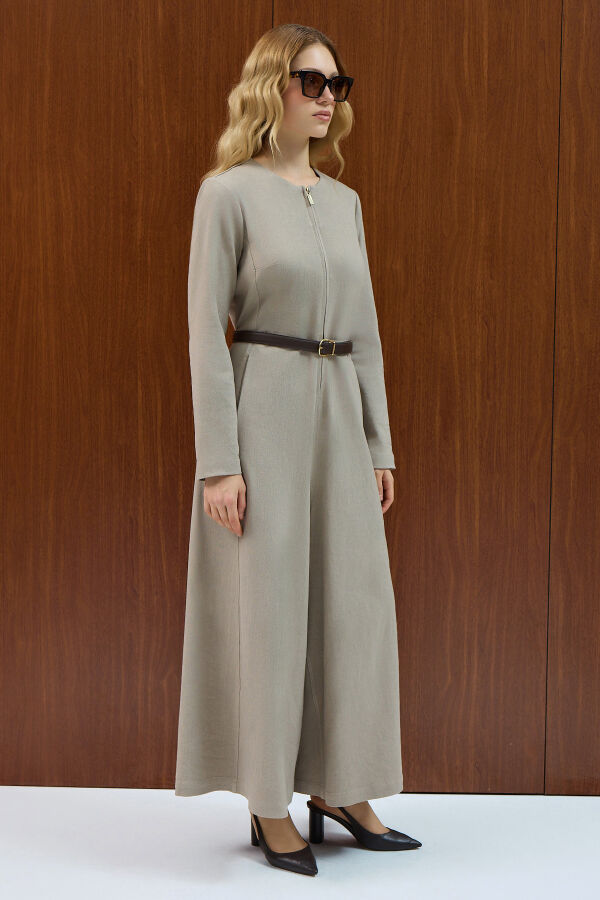 Fermuar Detaylı Denim Tulum Elbise Stone - 2