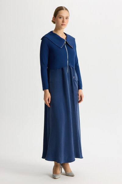 Fermuar Detaylı Yüksek Yakalı Cupro Elbise Navy - 2
