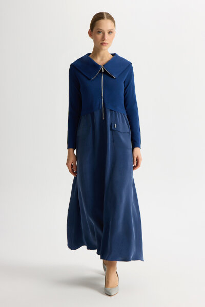 Fermuar Detaylı Yüksek Yakalı Cupro Elbise Navy - 3