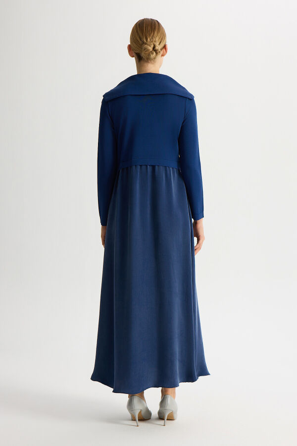 Fermuar Detaylı Yüksek Yakalı Cupro Elbise Navy - 4