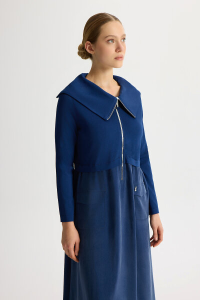 Fermuar Detaylı Yüksek Yakalı Cupro Elbise Navy - 5