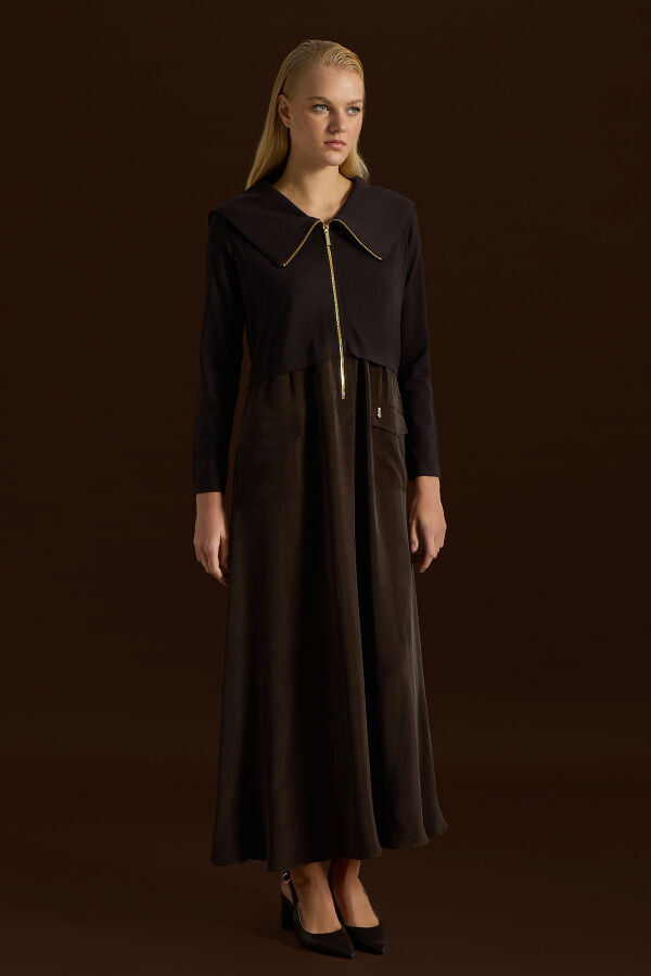 Zipper Detailed High Collar Cupro Dress - 2