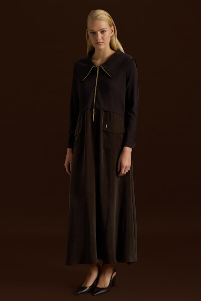 Zipper Detailed High Collar Cupro Dress - 3