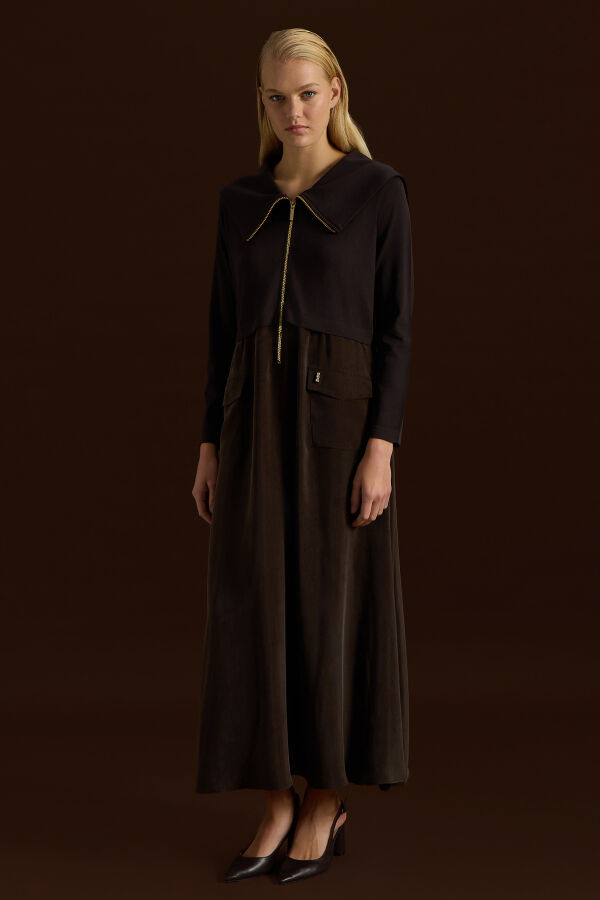 Zipper Detailed High Collar Cupro Dress - 3