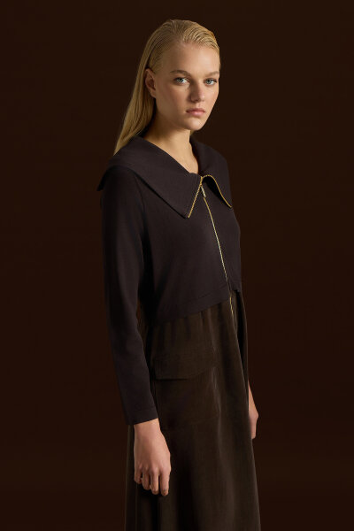Zipper Detailed High Collar Cupro Dress - 4