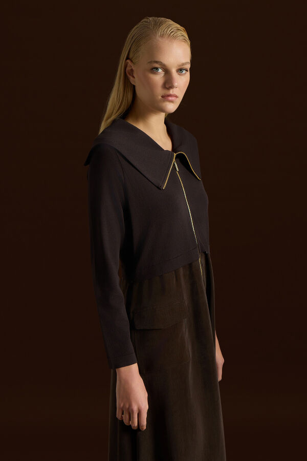Zipper Detailed High Collar Cupro Dress - 4