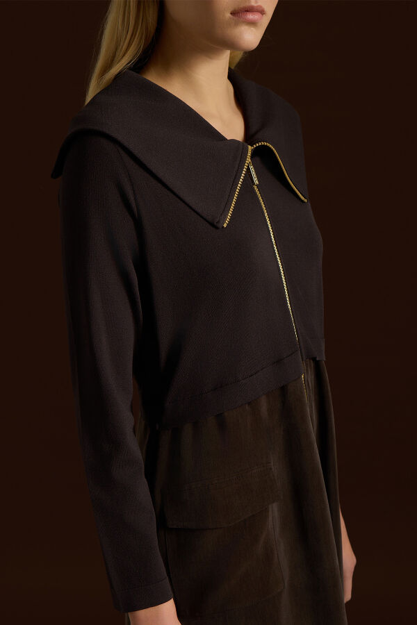 Zipper Detailed High Collar Cupro Dress - 5