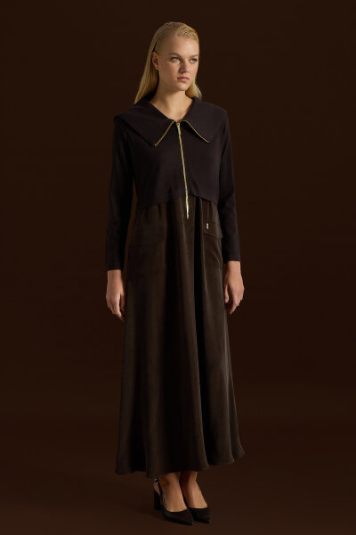 Fermuar Detaylı Yüksek Yakalı Cupro Elbise Kahverengi - MISS DALIDA (1)