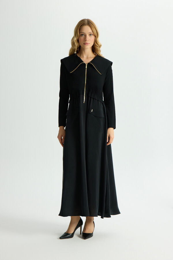 Zipper Detailed High Collar Cupro Dress - 1