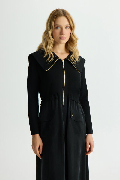 Zipper Detailed High Collar Cupro Dress - 3