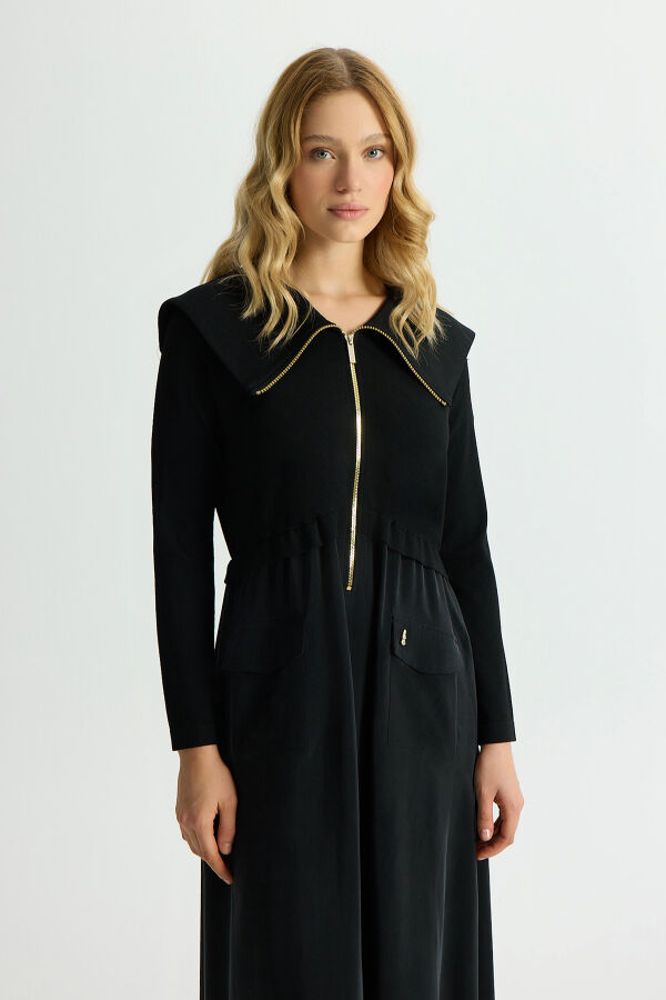 Zipper Detailed High Collar Cupro Dress - 3