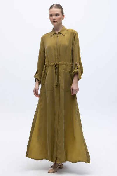 Fermuarlı Beli Büzgülü Cupro Ceket Amber - 1