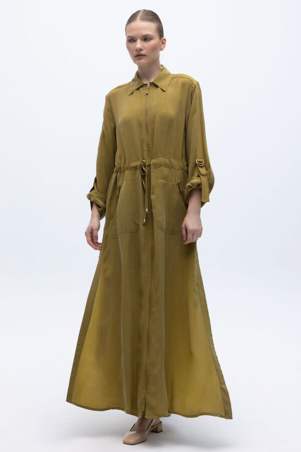 Fermuarlı Beli Büzgülü Cupro Ceket Amber - 1