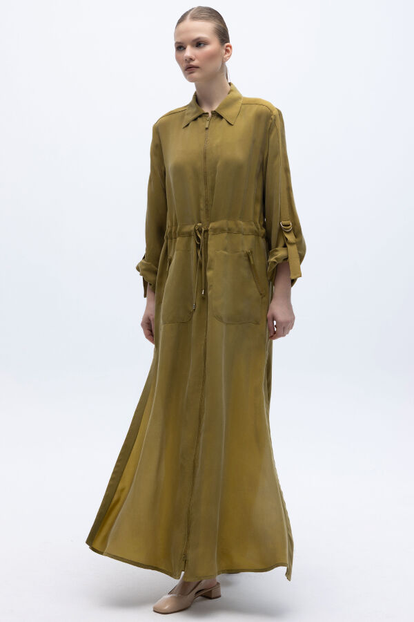 Fermuarlı Beli Büzgülü Cupro Ceket Amber - 2