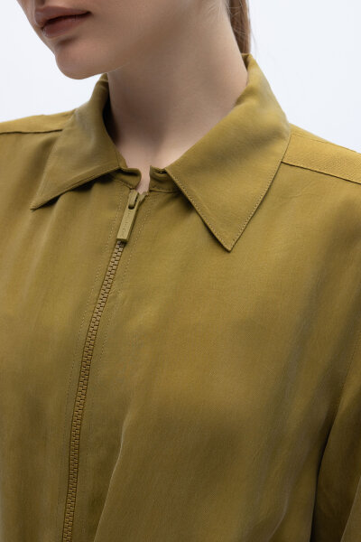 Fermuarlı Beli Büzgülü Cupro Ceket Amber - 4