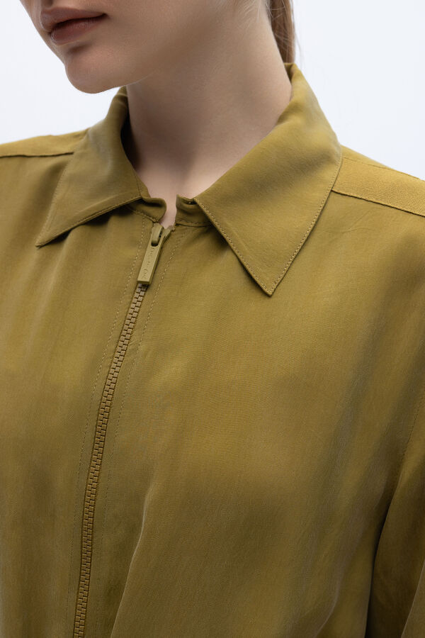 Fermuarlı Beli Büzgülü Cupro Ceket Amber - 4