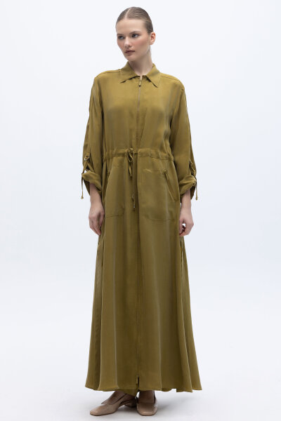 Fermuarlı Beli Büzgülü Cupro Ceket Amber - 6