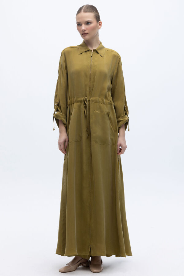 Fermuarlı Beli Büzgülü Cupro Ceket Amber - 6