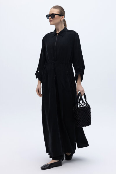 Fermuarlı Beli Büzgülü Cupro Ceket Siyah 