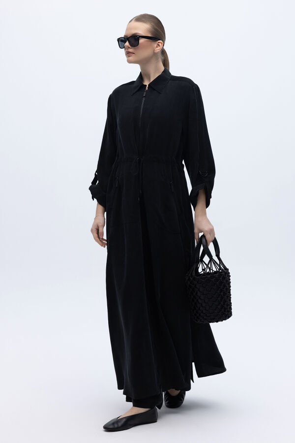 Fermuarlı Beli Büzgülü Cupro Ceket Siyah - 1